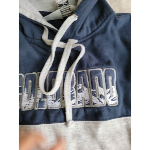 Renegade Mens L Hoodie Colorado Embroidered Trees Colorblock Blue Grey Pocket - Picture 5 of 16